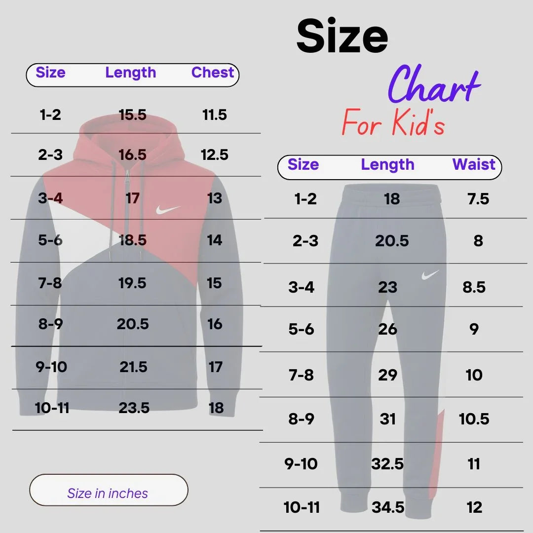 Kids' size chart for hoodies and joggers with measurements in inches