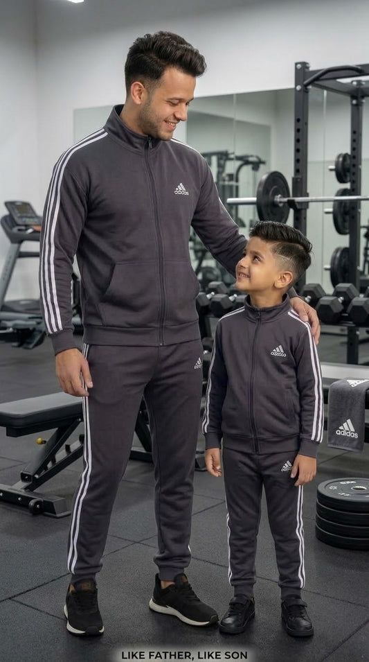 Solid Gray Adi -Style Mock Neck Winter Fleece Tracksuit – Father & Son Set #3423