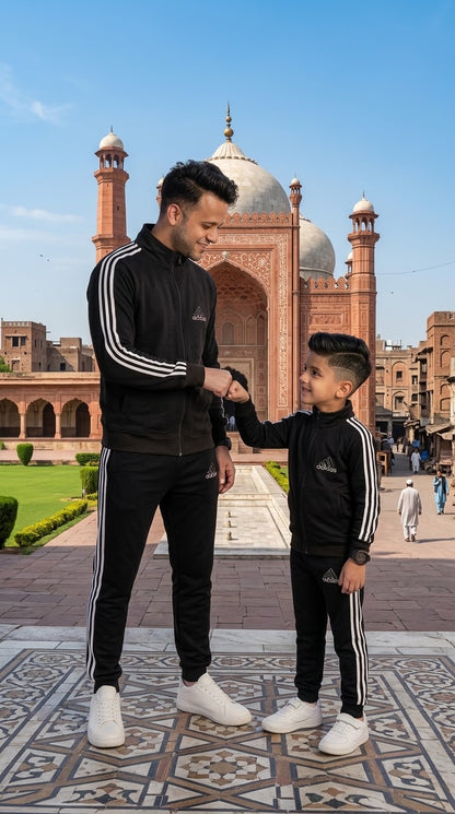 Jet Black Adi -Style Mock Neck Winter Fleece Tracksuit – Father & Son Set #3425