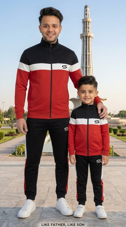 Red,Black & White - Mock Neck Winter Fleece Tracksuit – Father & Son Set #3422