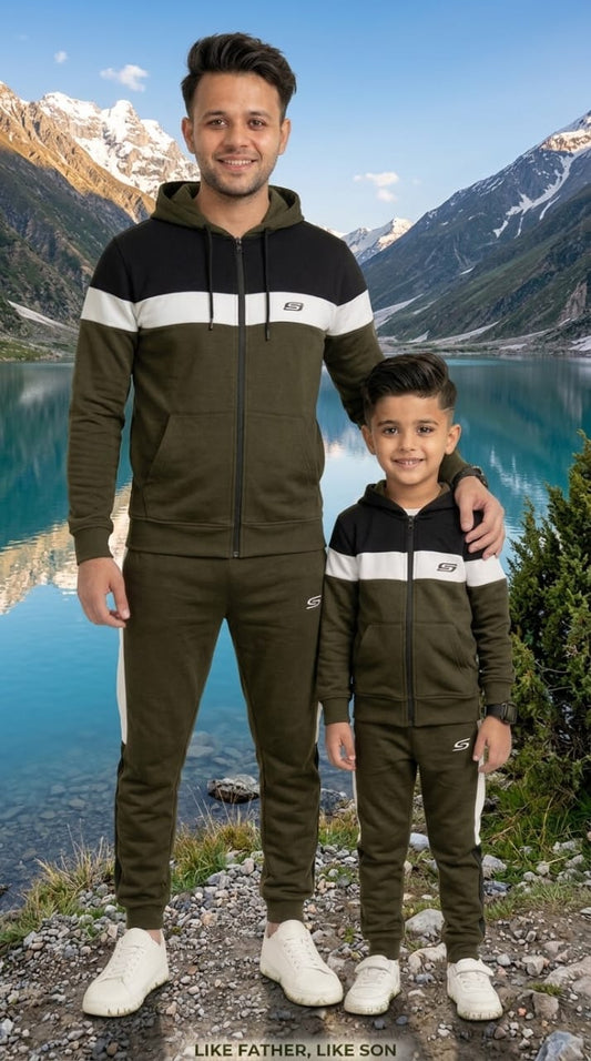 Olive Green ,Black & White -  Winter Fleece Tracksuit – Father & Son Set #3404