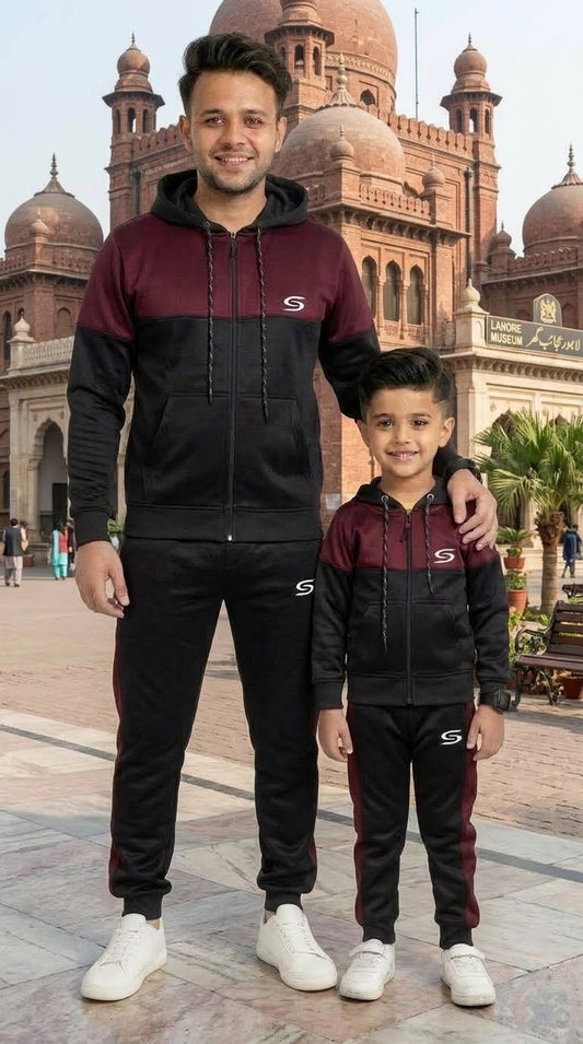 Maroon & Black -  Winter Fleece Tracksuit – Father & Son Set #3401