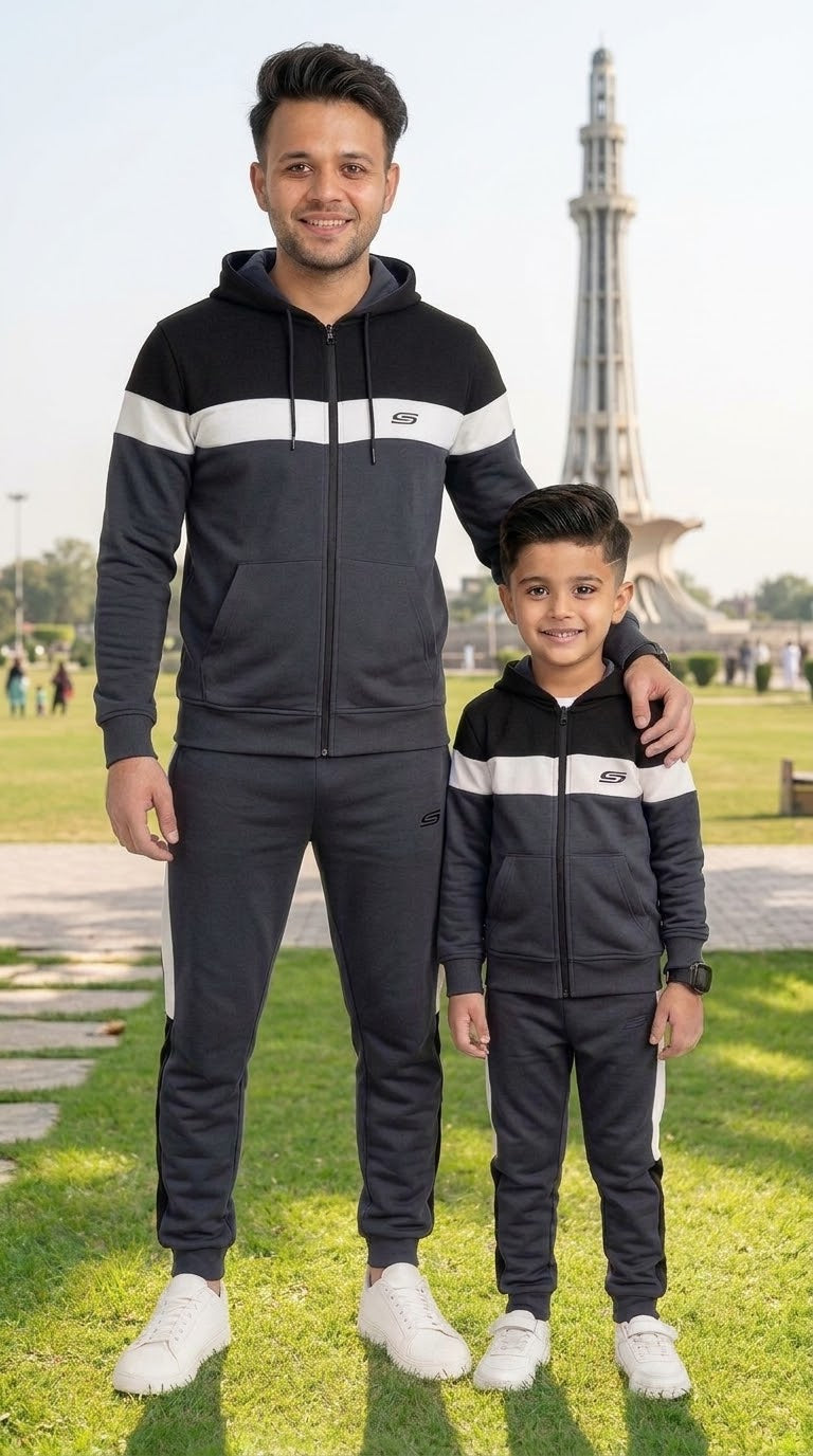 Gray ,Black & White -  Winter Fleece Tracksuit – Father & Son Set #3403