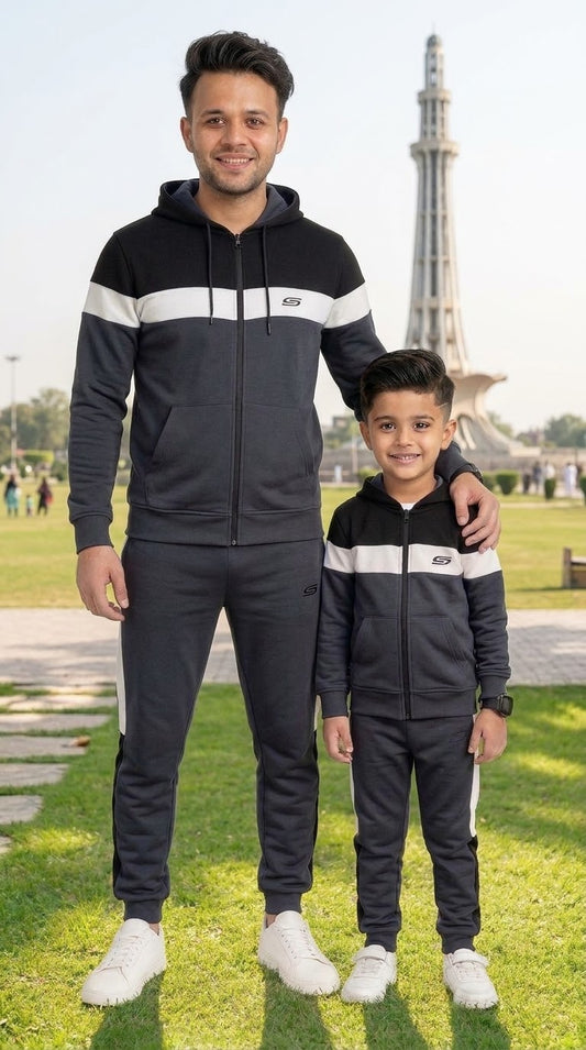 Gray ,Black & White -  Winter Fleece Tracksuit – Father & Son Set #3403