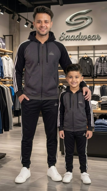 Winter Collection- Gray & Black Adi Premium Tracksuit. Like Father & Son Edition .#3406