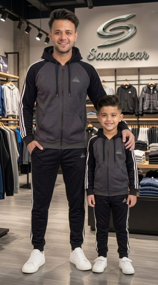 Winter Collection- Gray & Black Adi Premium Tracksuit. Like Father & Son Edition .#3406