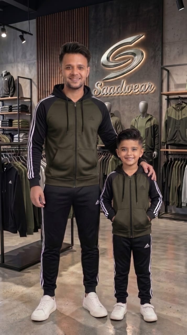 Winter Collection-Olive Green & Black Adi Premium Tracksuit. Like Father & Son Edition .#3410