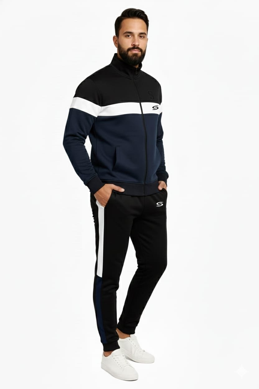 Winter-Mock Neck Zipper-Navy Blue-White & Black-Tracksuit